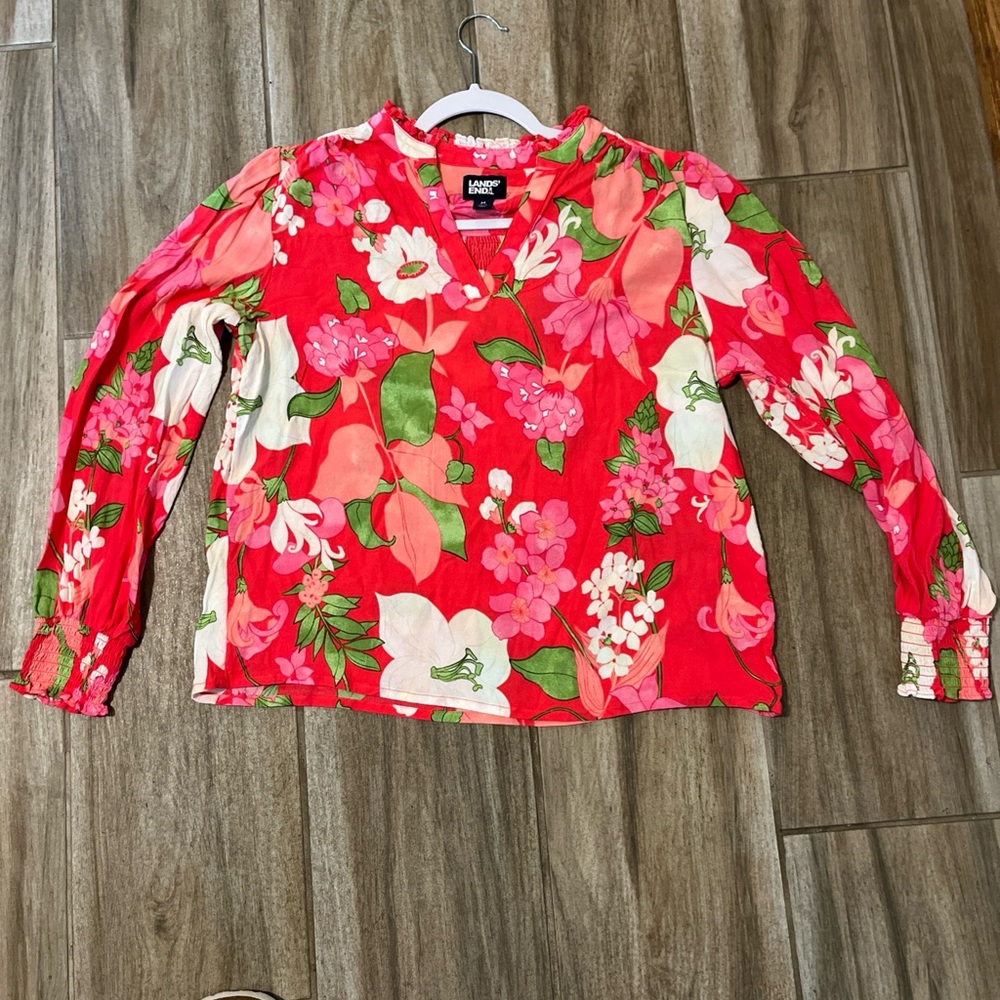 Lands' End White, Pink & Violet floral on Hot Pink V Neck